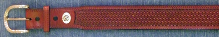 Tan 1 3/4 " tapered to 1 1/2 " Hand Tooled Basketweave Belt